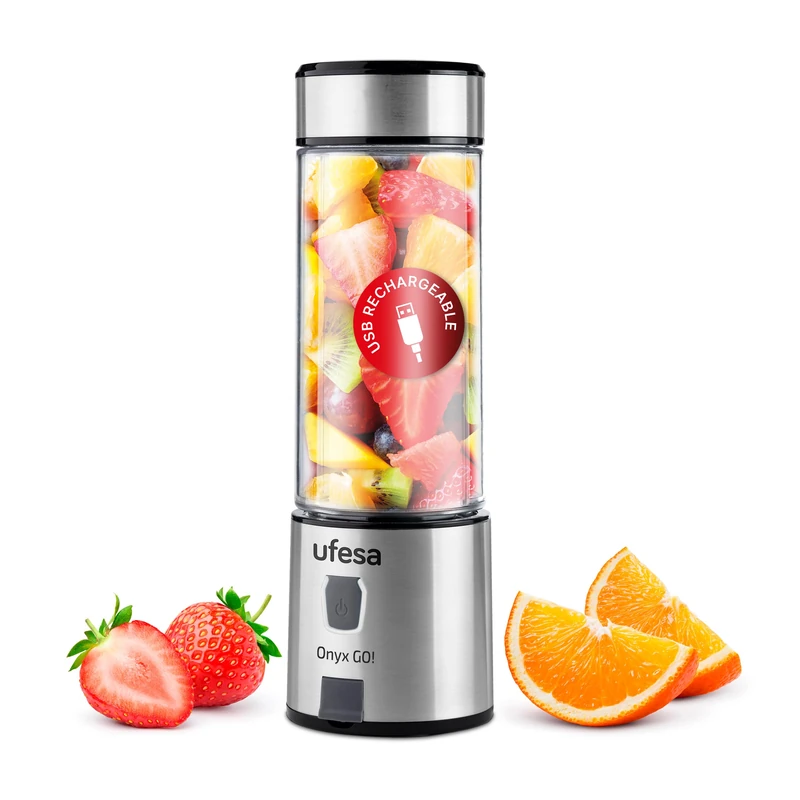 Ufesa Onyx Go! Rechargeable Portable Blender, USB Charging, Up to 20 Uses per Charge, 5100 mAh Battery, 400 ml Tritan Bottle, Sport Lid, Body and 6 Stainless Steel Blades