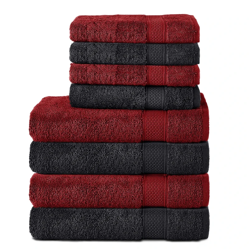 Komfortec Set of 8 Hand Towels 100% Cotton, 4 Bath Towels 70 x 140 cm and 4 Hand Towels 50 x 100 cm, Terry Towelling, Soft, Towel, Large, Black/Aurora Red