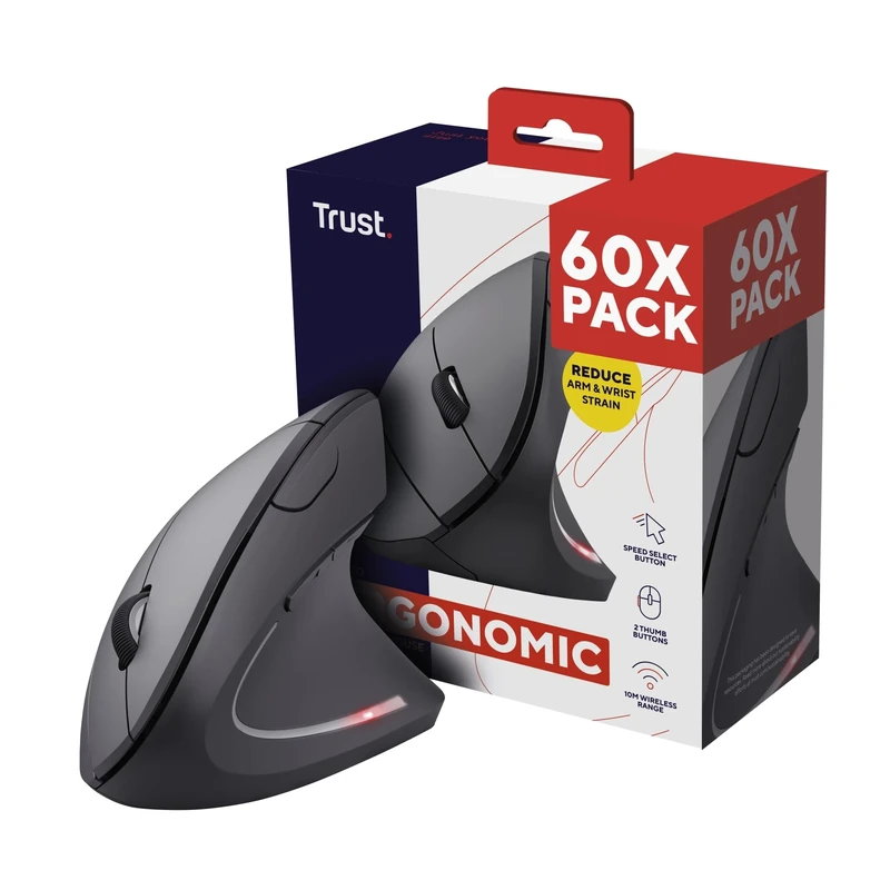 Trust Verto 60 Pack - 60x Wireless Ergonomic Mouse, Vertical Mouse with Storable USB Micro-receiver, 6 Buttons, Illuminated Mouse for Right Hand Users for PC, Laptop, Mac, Batteries Included - Black