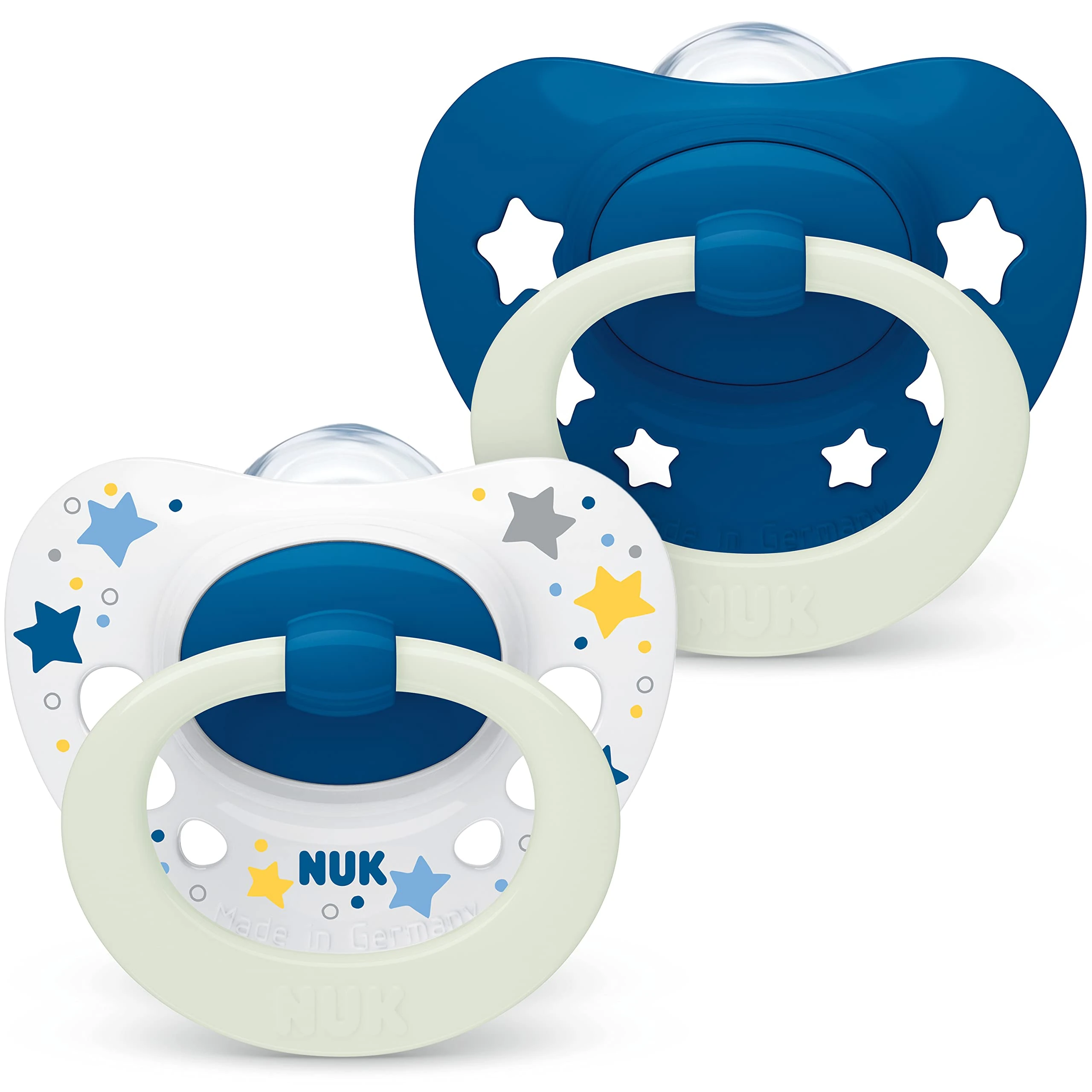 NUK Signature Night Baby Dummy | 0-6 Months | Soothes 95% of Babies | Heart-Shaped BPA-Free Silicone Soothers | Glow-in-The-Dark | Includes Case | Blue Stars | 2 Count