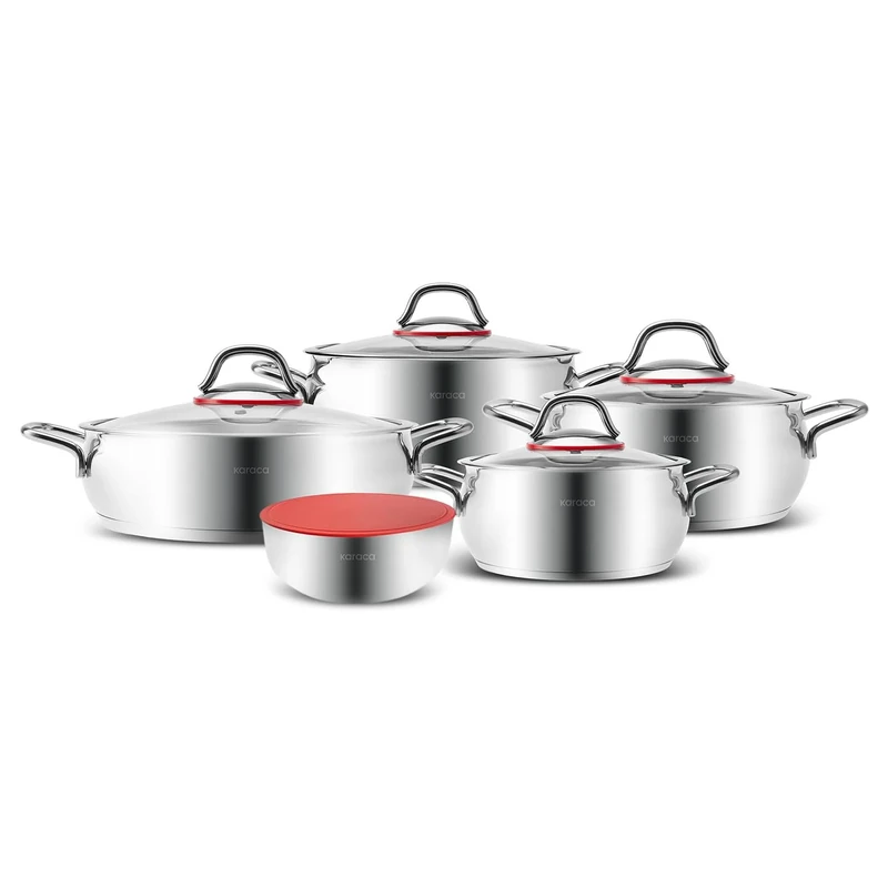 Karaca Emirgan XL Stainless Steel Induction Cookware Set, Pot and Pan Sets with Container, 10 Piece, Silver Red