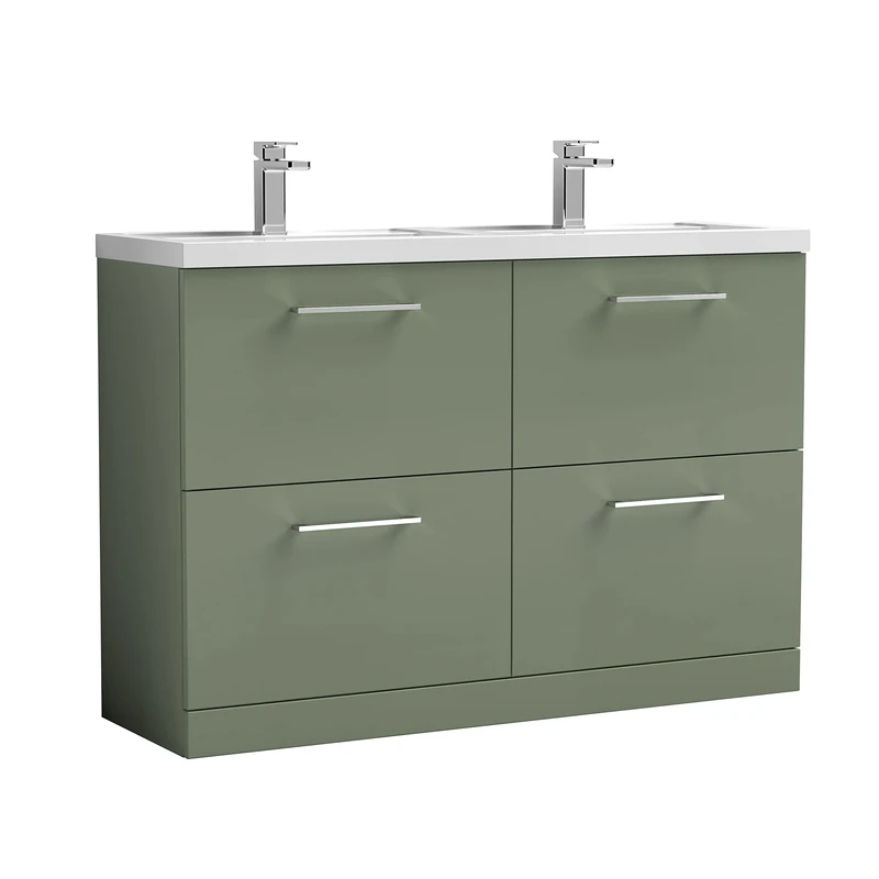 nuie ARN833C Arno Modern Bathroom Floor Standing 4 Drawer Vanity Unit and Double Polymarble Basin, 800 x 1200 x 383mm, Satin Green