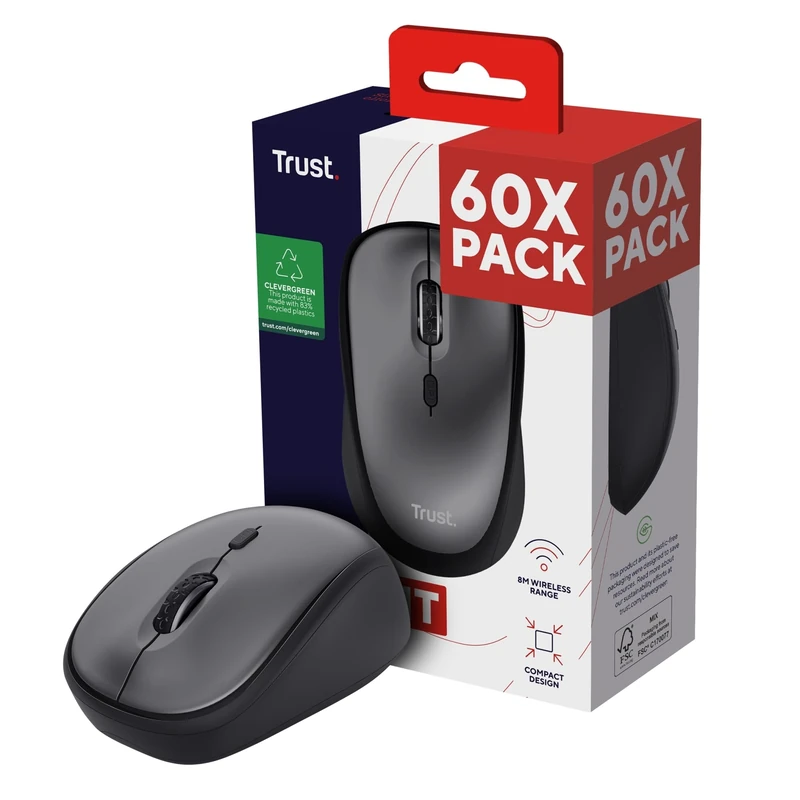 Trust Yvi+ 60 Pack - 60x Silent Wireless Mouse, Sustainable Design, For Left and Right Hand Users, Storable USB Micro Receiver, Quiet Compact Computer Mouse for PC, Laptop, Mac, Home Office - Black