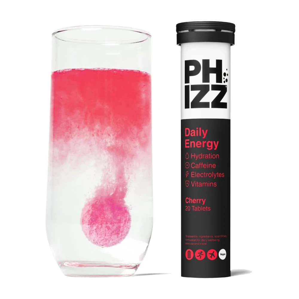 Phizz Daily Energy Electrolyte Hydration Tablets - 16 Vitamins and Minerals - Effervescent Energy Tablets - 75mg Caffeine (Daily (Cherry), 20)