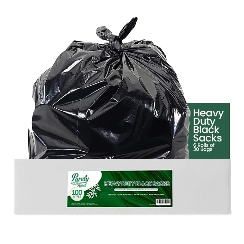 Blake & White Purely Kind Black Sacks 100L - Ultra Durable & Eco Friendly Recyclable Bin Bags - Heavy Duty Bin Liners for Household, Office, and Kitchen - Box of 180 (6 Rolls of 30 Bags)