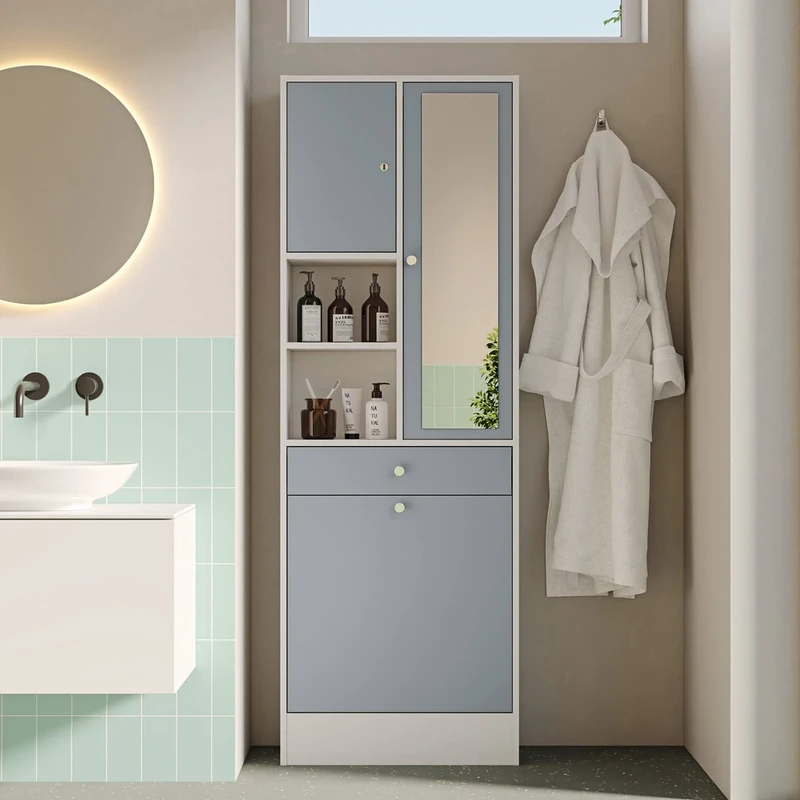 Symbiosis Laundry Bin Wardrobe, Melamine Chipboard, White and Grey Celadon, 62,6 X 181,1 X 28,4