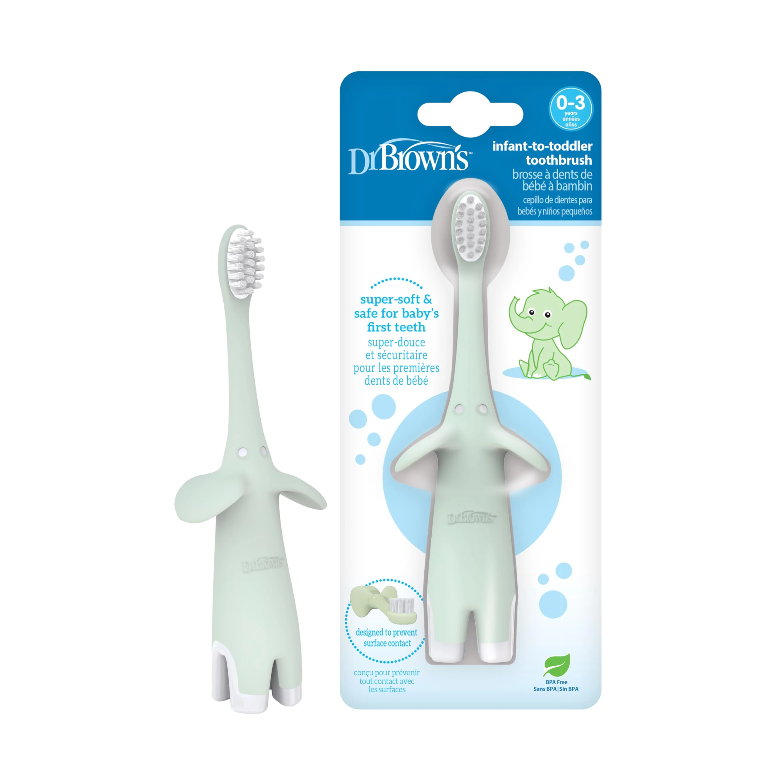 Dr. Brown's Infant-to-Toddler Toothbrush Elephant, Mint Green, 0-3 Years