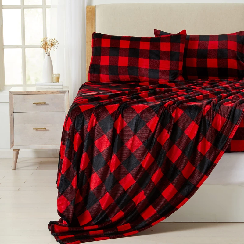 NY Loft Ultra Soft Micro Fleece Sheets Set | King Size | Plush Polar Fleece Sheets | Cozy Velvet Winter Bedding | King - Plaid Red & Black