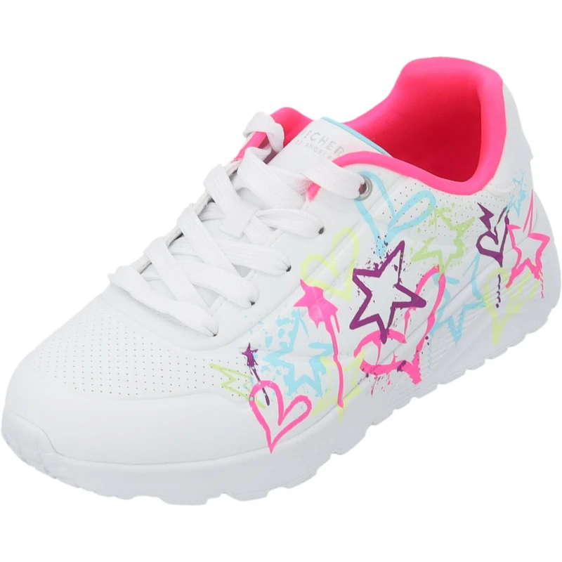 Skechers Girl's Uno Lite My Drip Sneakers, White Synthetic/Neon Multi Trim, 4.5 UK Child