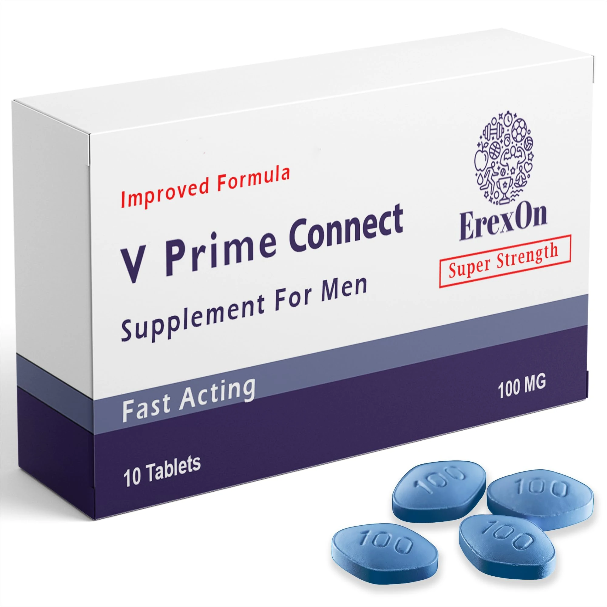 Erexon - V Prime Connect | 10 Blue Tablets 100mg | Herbal Supplement for Men | Men's Vitality Support | Performance & Enhancement | Ginseng Maca Root Zinc