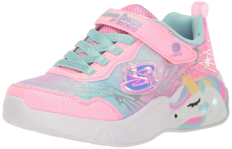 Skechers Girl's Unicorn Dreams Wishful Magic Sneakers, Pink Sparkle Mesh/Turquoise Trim, 2 UK Child
