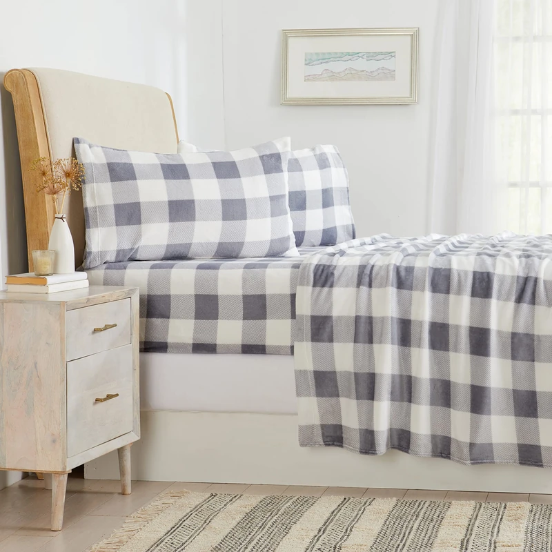NY Loft Ultra Soft Micro Fleece Sheets Set with Extra Deep Pockets | Extra Soft Velvet Fleece Sheet Set | Super Plush Polar Fleece | Velvet Plush Cozy Warmth | Full - Plaid Grey/White