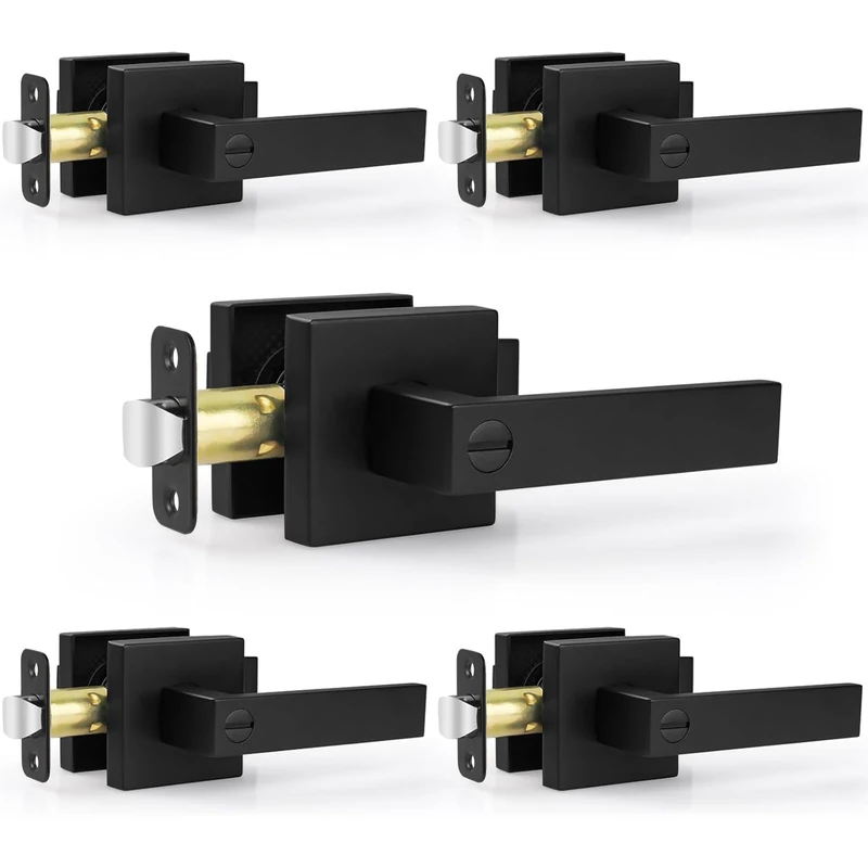 Estmoon 5 Pack Matte Black Door Handles Interior Door Knobs, Home Improvement Keyless Privacy Door Lock, Heavy Duty Zinc Alloy 2.07 lb Door Leverset for Bedrooms Bathrooms