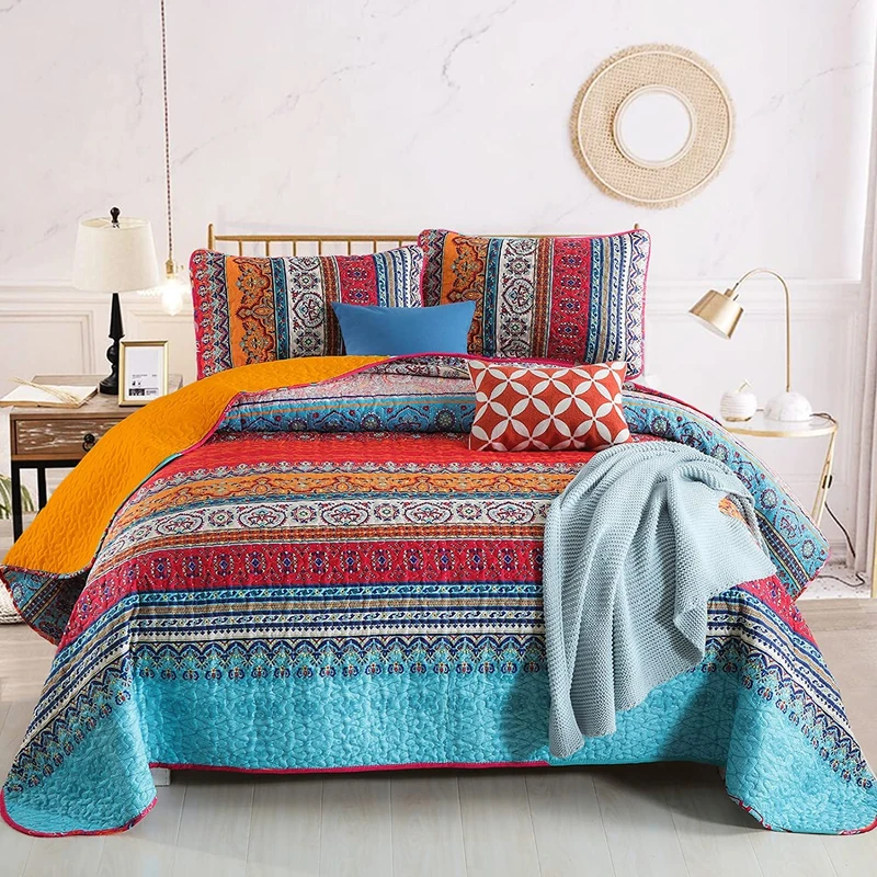 WONGS BEDDING Boho Quilt Set Twin Size, Orange and Blue Bohemian Striped Quilt Sets 2 Pieces Soft Microfiber Lightweight Bedspread Coverlet Bedding Set for All Season(68"x86")