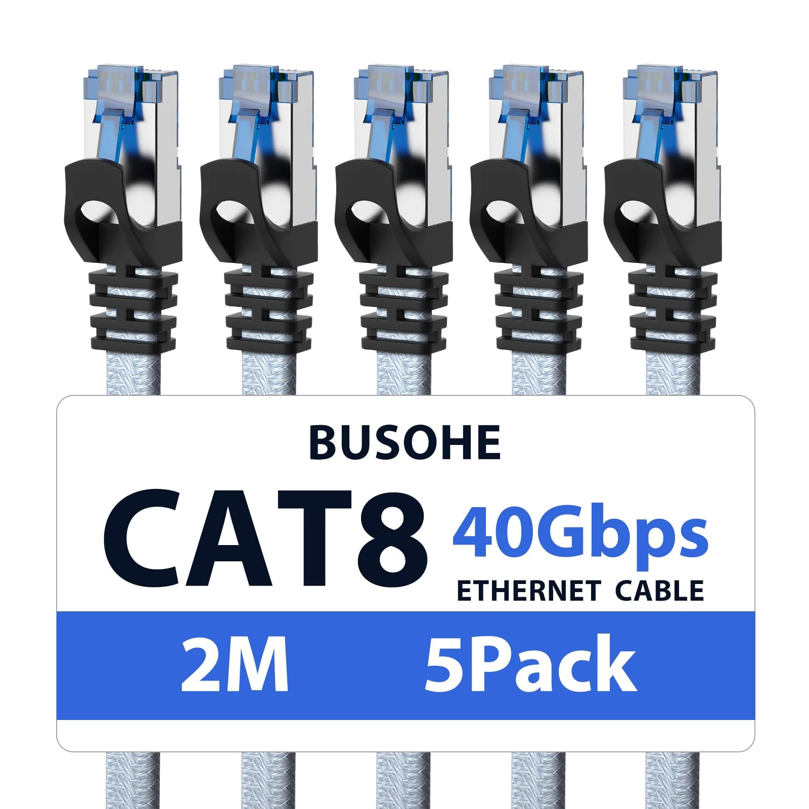 BUSOHE Cat 8 Ethernet Cable 2m (5 Pack), High-Speed 40Gbps 2000MHz Network Cable Braided Flat Gigabit Rj45 STP Shielded Internet Network Lan Cable Cord Compatible with PC, Laptop, Routers, Modem