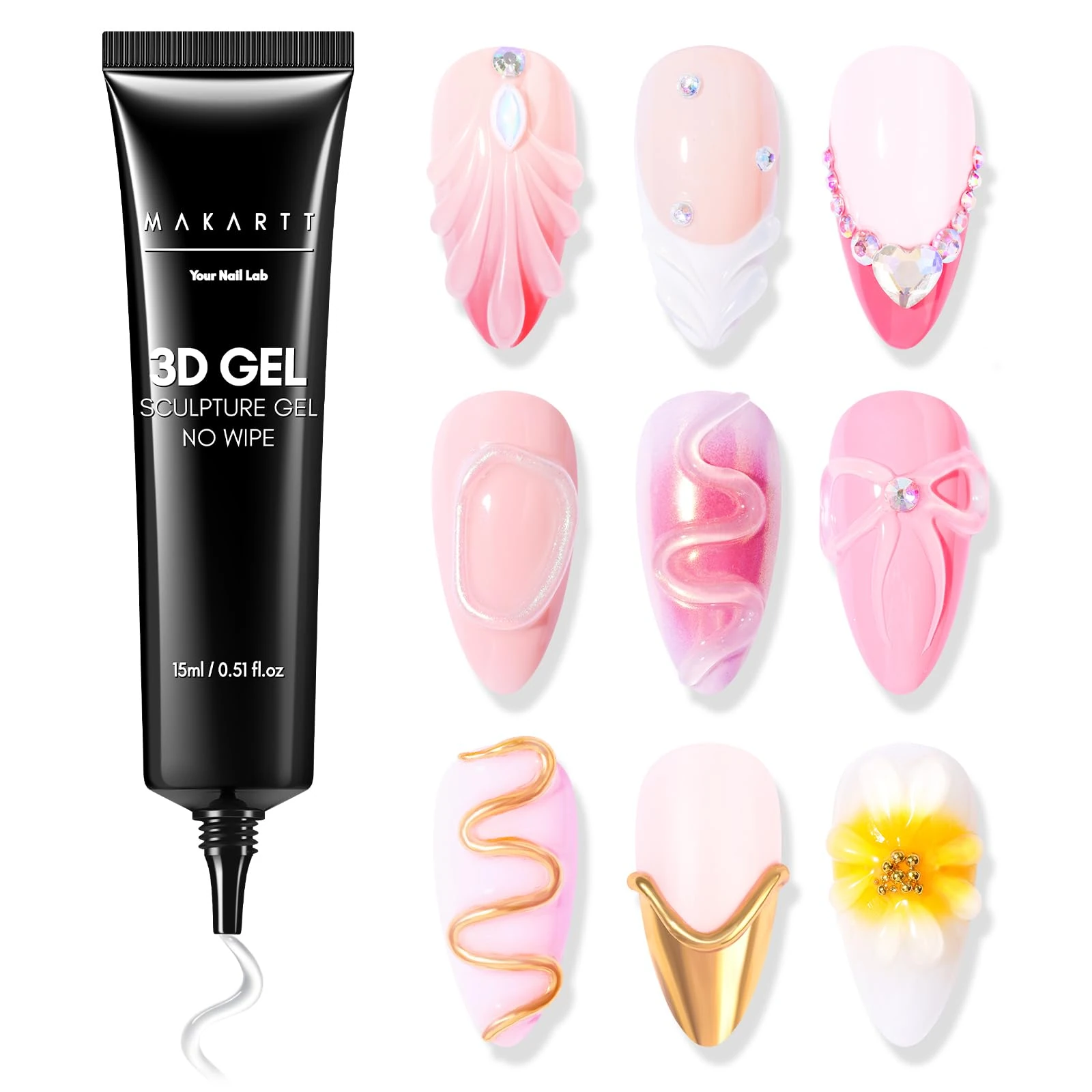Makartt 3D Nail Gel for Nail Art - 15ml No Wipe Clear 3D Sculpting Nail Gel Polish, Multi-Use Nail Glue for Drawing, Molding & Decoration, Required UV/LED Light Cured