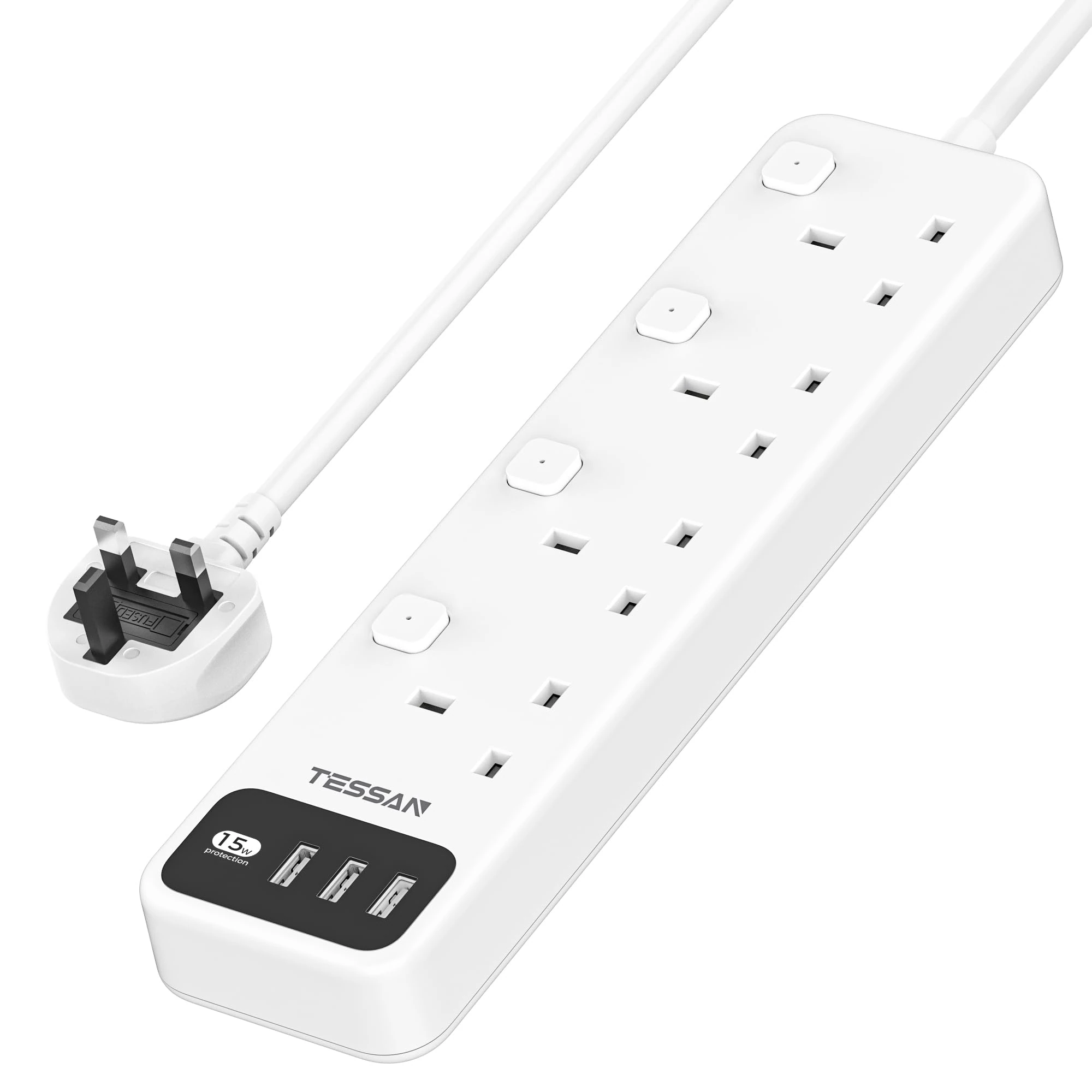 TESSAN Extension Lead with 3 USB Slots, 4 Way Multi Plug Extender with Individual Switches, Wall Mount Socket Extension Cable 2M, 3250W Multiplug Power Strip for Home, Office, School Supplies