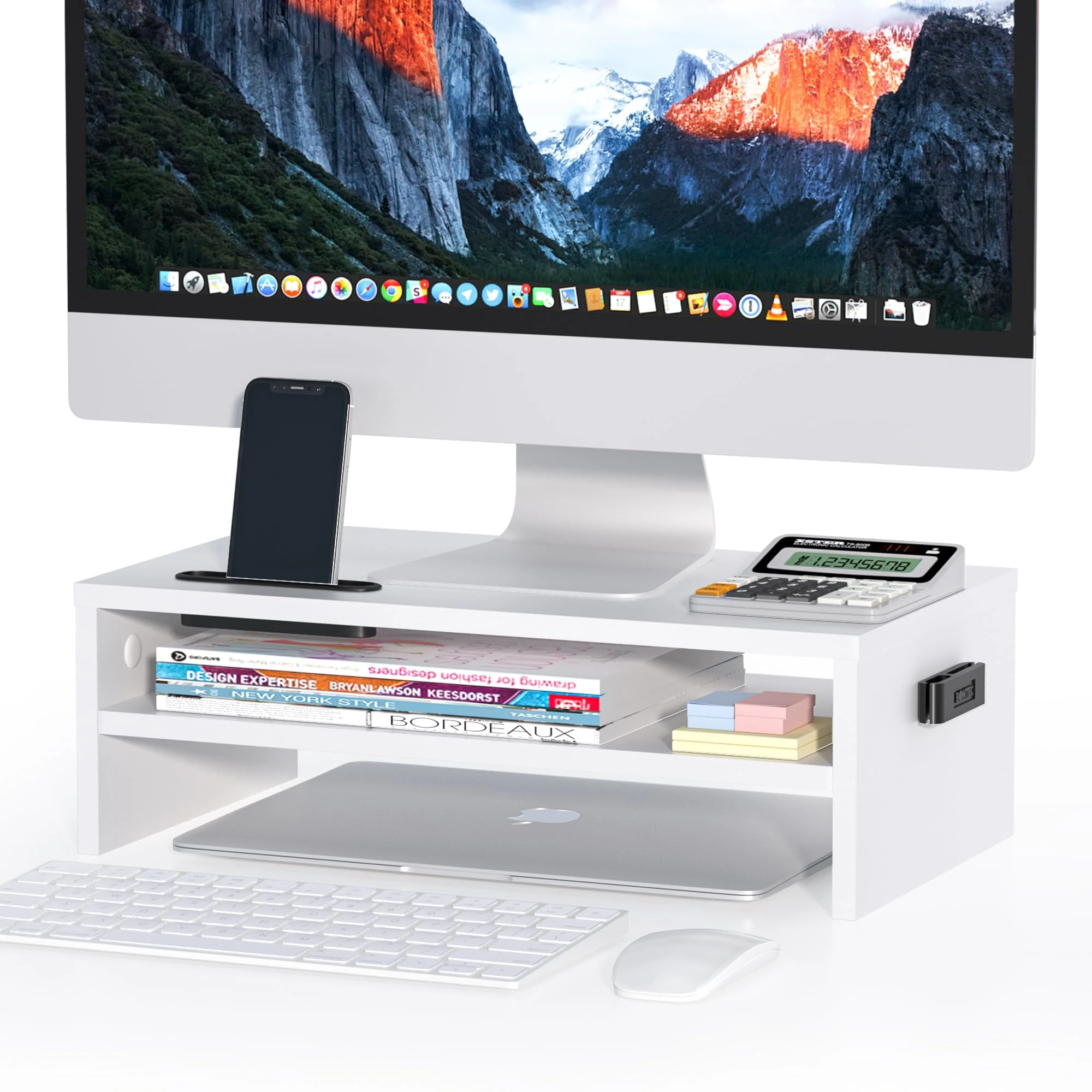 BONTEC Wood Monitor Stand Riser, Desk Monitor Stand with Smartphone Holder, Ergonomic Laptop Stand with Cable Management for Computer, Notebook, iMac, PC, 2 Tiers Black (W420 x D235 x H142mm) White