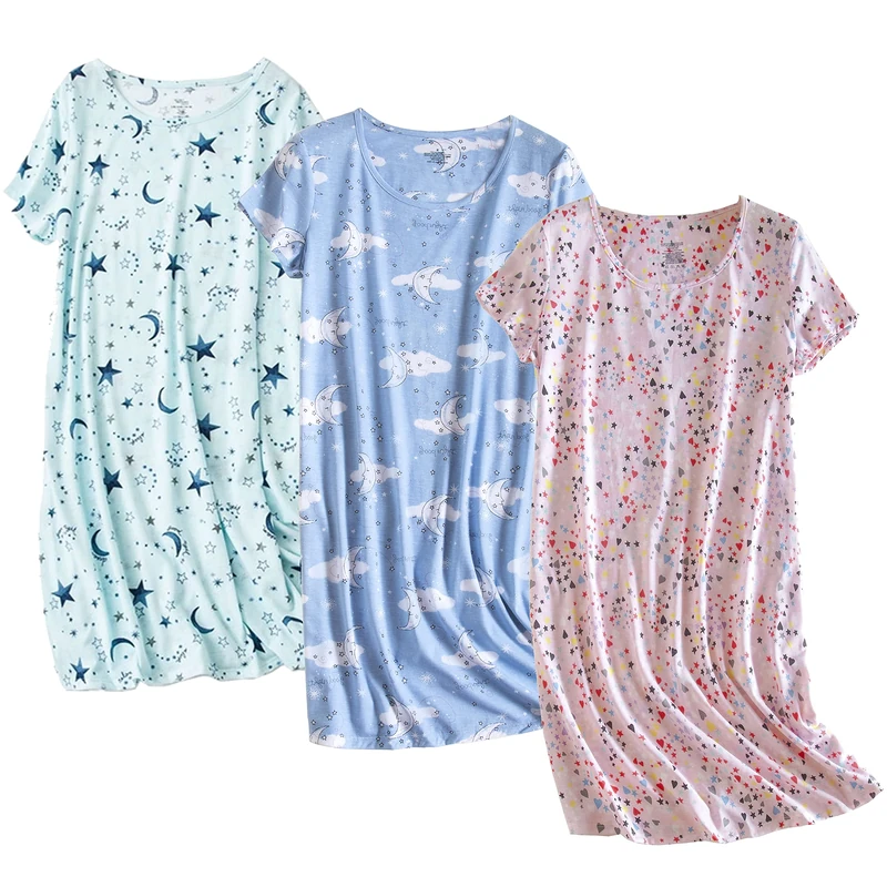 PNAEONG 3 Pack Women's Cotton Nightgown Sleepwear Short Sleeves Shirt Casual Print Sleepdress, Moon+star+pink, L - Image 1