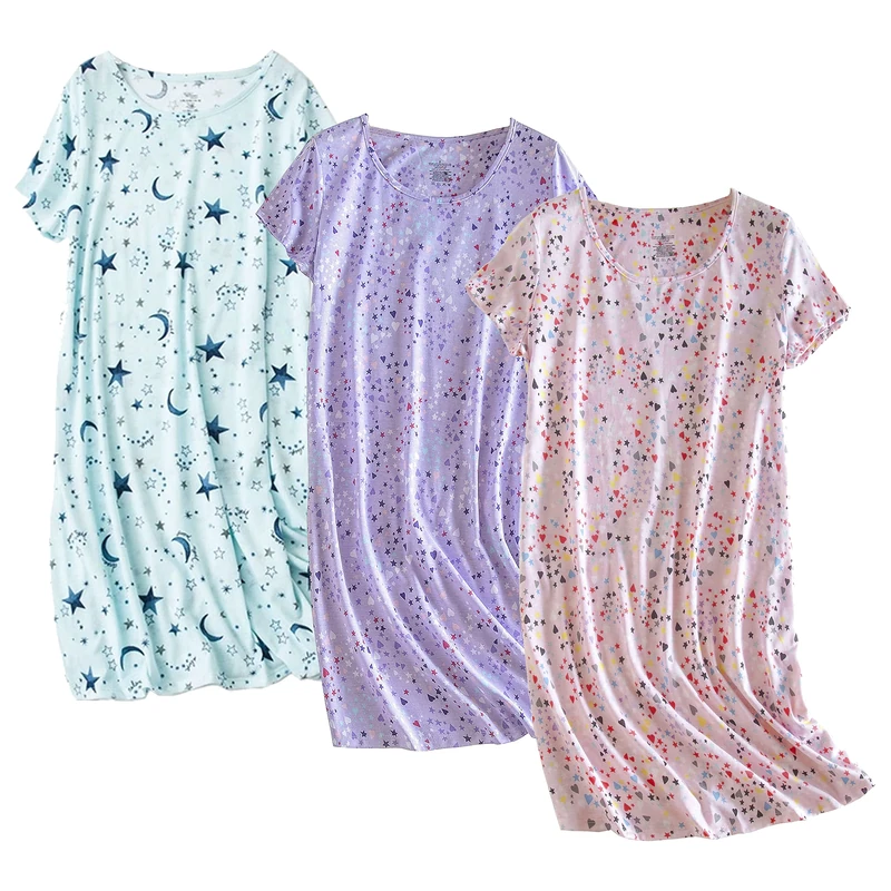 PNAEONG 3 Pack Women's Cotton Nightgown Sleepwear Short Sleeves Shirt Casual Print Sleepdress, Set 1, XL