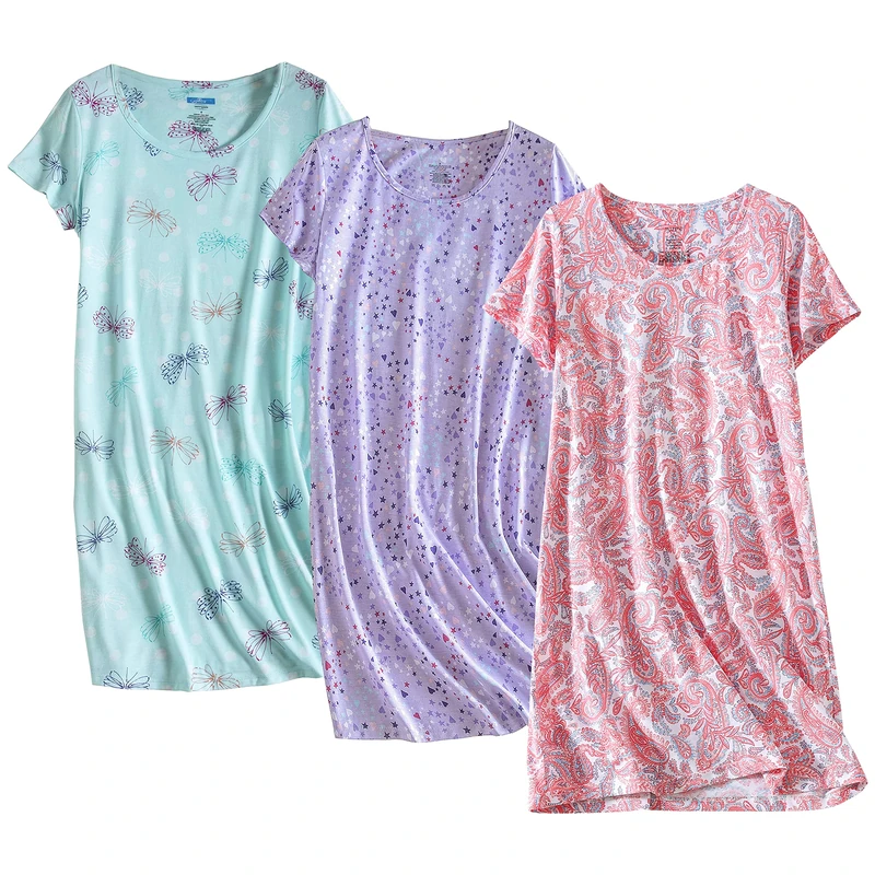 PNAEONG 3 Pack Women's Cotton Nightgown Sleepwear Short Sleeves Shirt Casual Print Sleepdress, Fly+purple+paisley, M