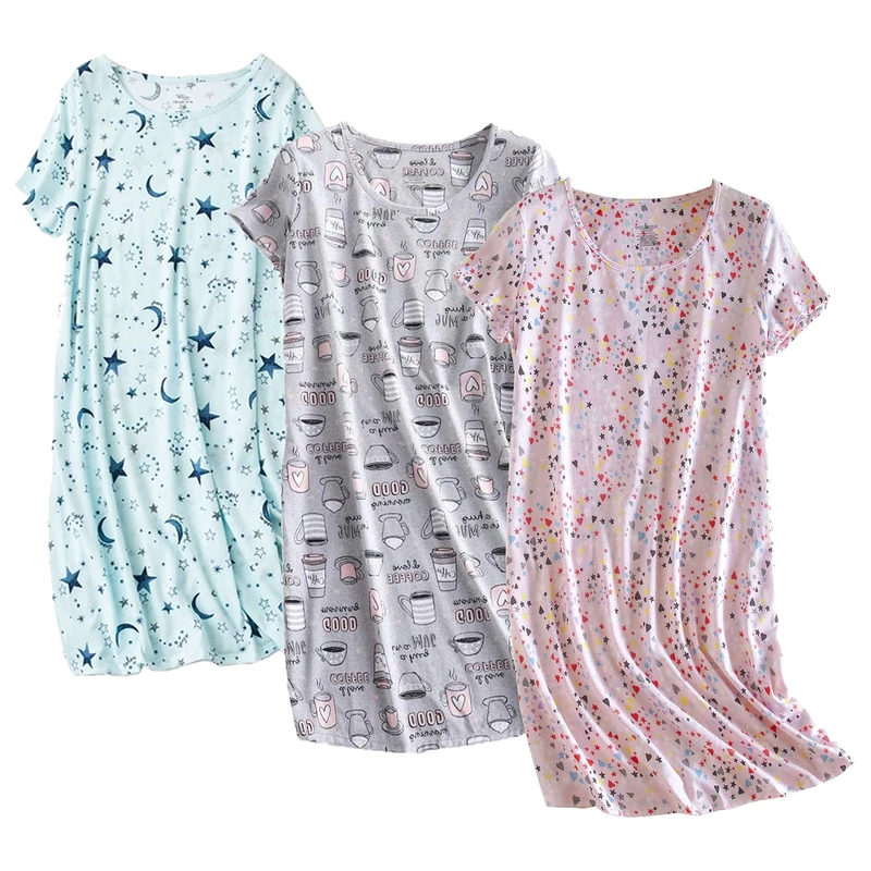PNAEONG 3 Pack Women's Cotton Nightgown Sleepwear Short Sleeves Shirt Casual Print Sleepdress, Set 6, XXL
