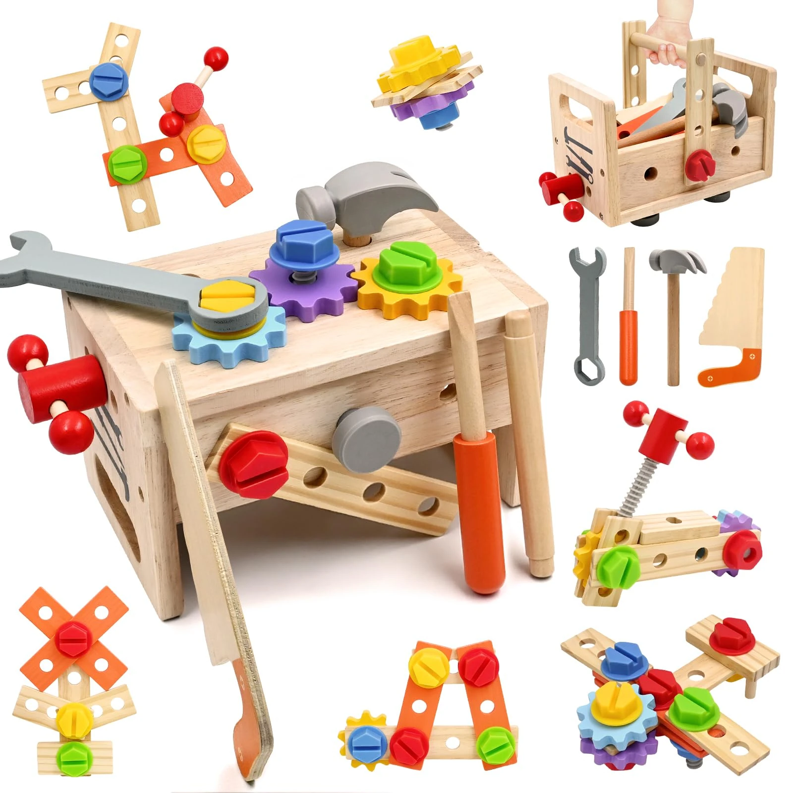 AiTuiTui Wooden Kids Tool Set Boys Girls Toys, 29 Pcs Montessori Wooden Tool with Bench for Boy Girl Birthday Gift, Role Play Educational Construction Toddler Toys