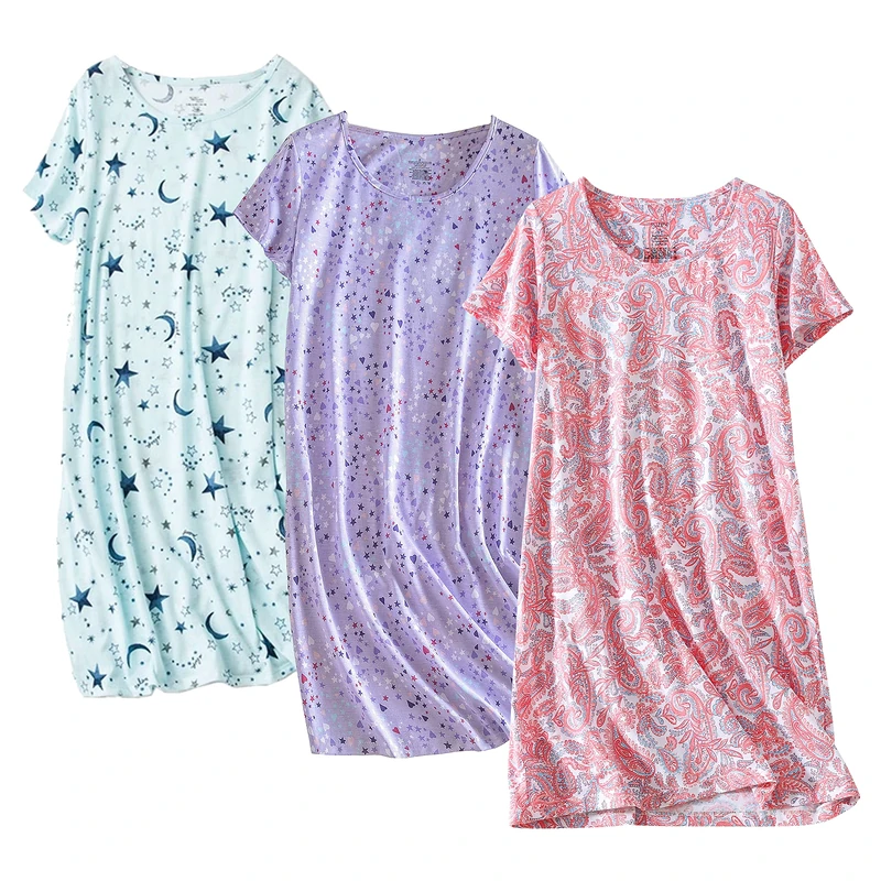 PNAEONG 3 Pack Women's Cotton Nightgown Sleepwear Short Sleeves Shirt Casual Print Sleepdress, Paisley+purple+star, XL