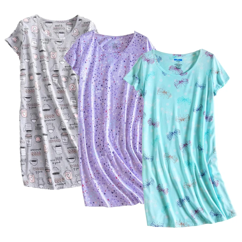 PNAEONG 3 Pack Women's Cotton Nightgown Sleepwear Short Sleeves Shirt Casual Print Sleepdress, Set 3, L