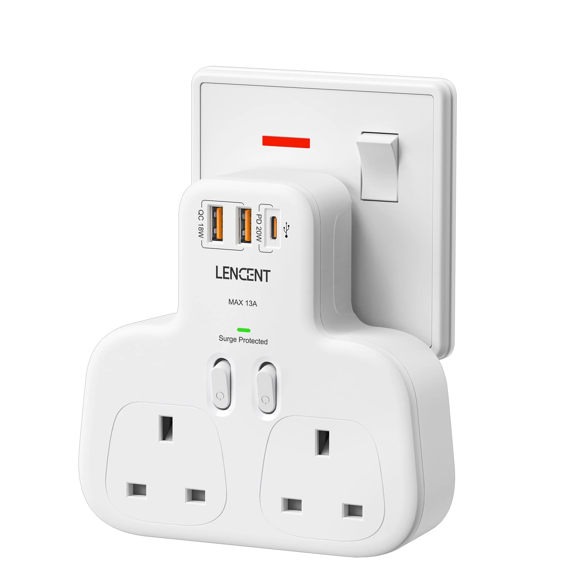 LENCENT Double Plug Adaptor With 3 USB Slots, Multi Plug Extension, 2 Way Plug Adapter with PD 20W Type-C & 2 USB-A QC 3.0, UK Surge Protected Plug Extender Socket for Home, Kitchen, Office, 13A 3250W