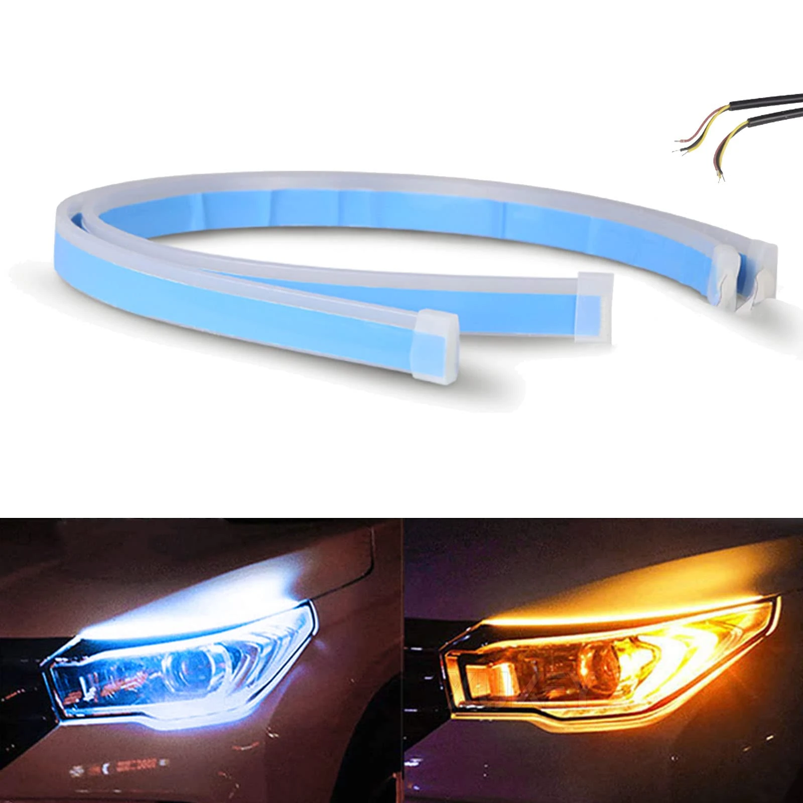 AUTOXBERT Car LED Daytime Running Lights Strip, 2-Pack 24 Inch Sequential Switchback DRL Flexible Waterproof Headlight Turn Signal Lights Strip(Ice Blue&Yellow)
