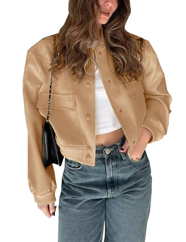 Megfie Short Bomber Jacket with Buttons for Women, College Jacket with Pockets, brown, L