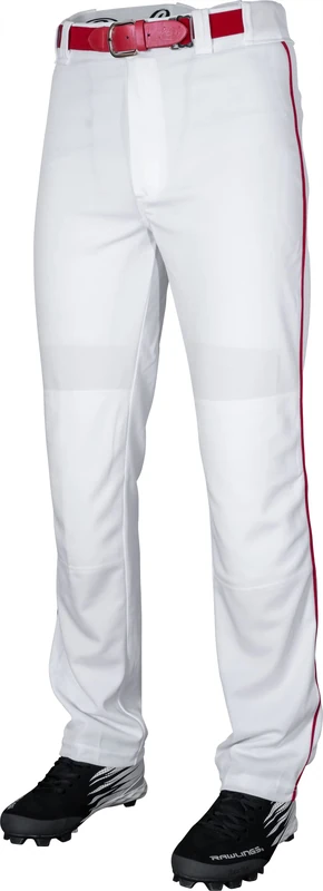 Rawlings Men's Semi-Relaxed Full Length Baseball Pant | Piped | Adult Medium | White/Scarlet