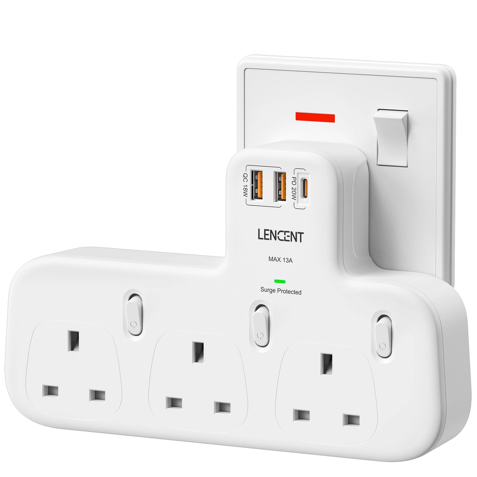 LENCENT 3 Way Plug Extension with PD 20W USB-C & 2 USB-A QC 3.0, Multi Plug Adaptor UK with Individual Switches, Surge Protected Plug Extender Wall Socket for Home, Kitchen, Office, 13A 3250W