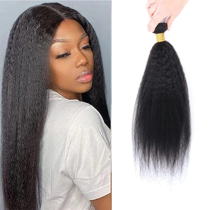 Kinky Straight Human Hair ，Single Bundle 14 Inch Yaki Straight Human Hair Extensions One Bundles， 100% Unprocessed Brazilian Virgin Remy Human Hair For Black Women Natural Color