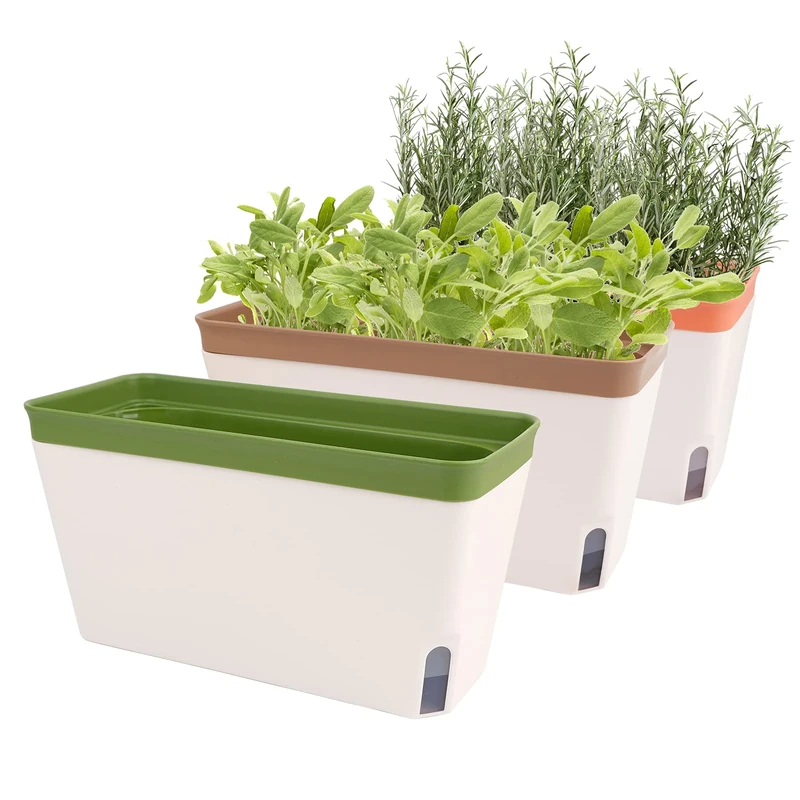 GUDELAK 3-Pack 10.5" Self-Watering Herb Planter with Level Window