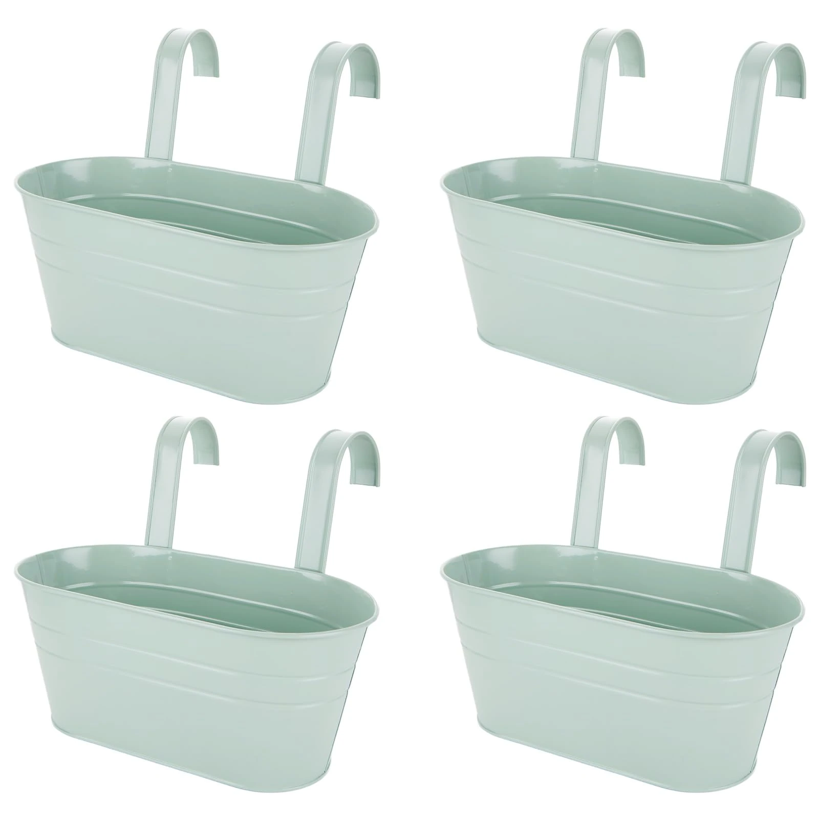 APACALI 4 PCS Metal Hanging Flower Pots, 27cm Over Fence Planters, Balcony Planters for Railing, Fence Hanging Planter with Detachable Hooks, Hanging Plant Pots Outdoor for Fence, Garden, Home, Green