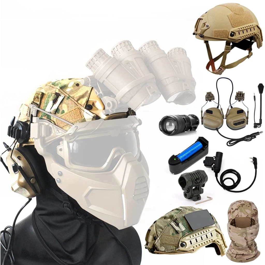 PBTMCD 7MM Thick FRP Material Airsoft Tactical Helmet Set, Helmet Cover + Face Shield + Flashlight Accessories, for Paintball CS Game Full Protective Equipment(T,B Set)