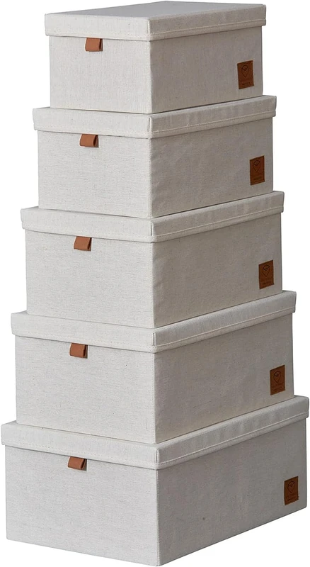 LOVE IT STORE IT Premium Storage Boxes with Lid, 5 Pieces, Box Set Made of Cotton Linen Fabric, Reinforced with Wood, Very Sturdy, Beige, 5 Different Sizes