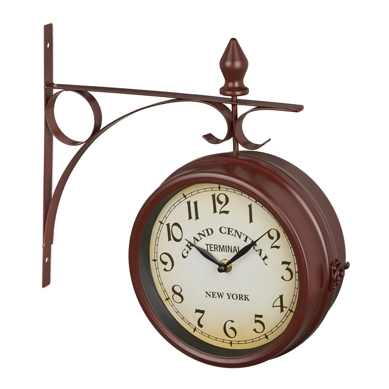 Relaxdays Double-Sided Wall Clock, Train Station Design, Retro, Battery, Analogue, Vintage Deco, HWD: 34x35x10 cm, Brown, Iron