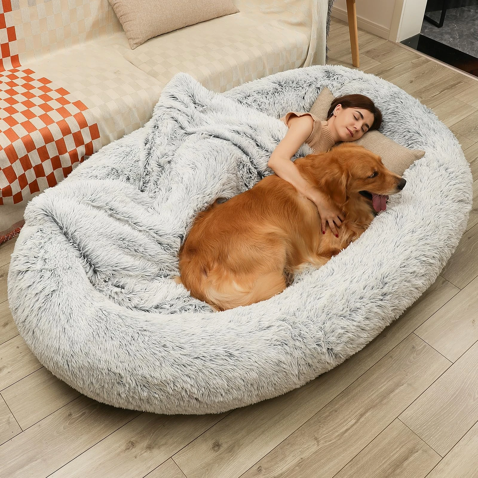 DMTINTA Human Dog Bed - Giant 71" x 45" x 14" Bean Bag Bed for Large Dogs, 3D Sponge, Gradient Grey