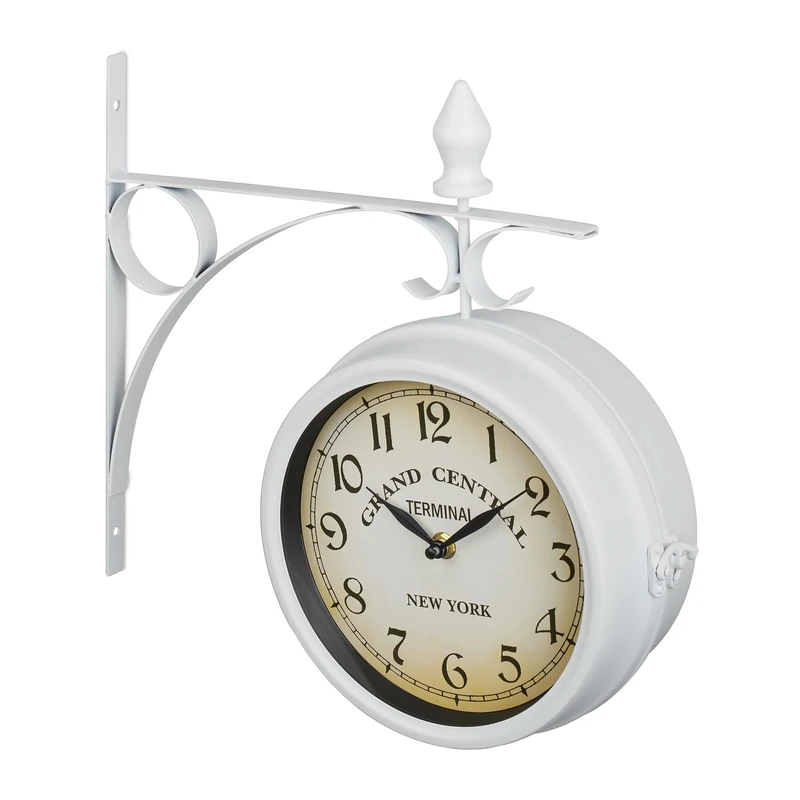 Relaxdays Double-Sided Wall Clock, Train Station Design, Retro, Battery, Analogue, Vintage Deco, HWD: 34x35x10 cm, White