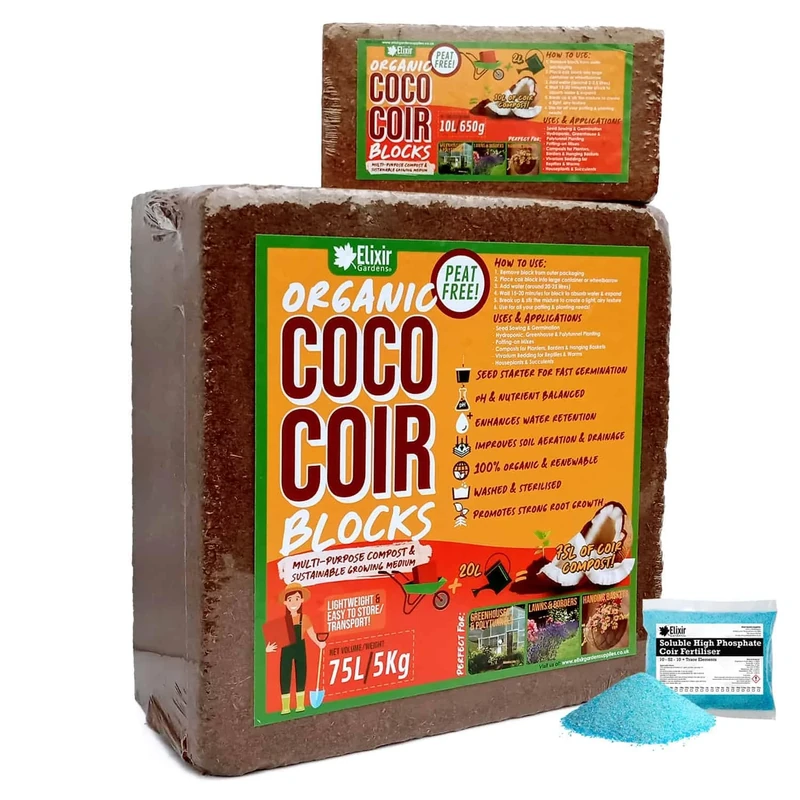 Elixir Gardens 10 Litre Plus Fertiliser x 24 Organic Coco Coir Compost Blocks/Bricks Peat-Free Pre-Washed Compressed | Natural Peat-Free Growing Medium/Potting Soil & Reptile Vivarium Bedding
