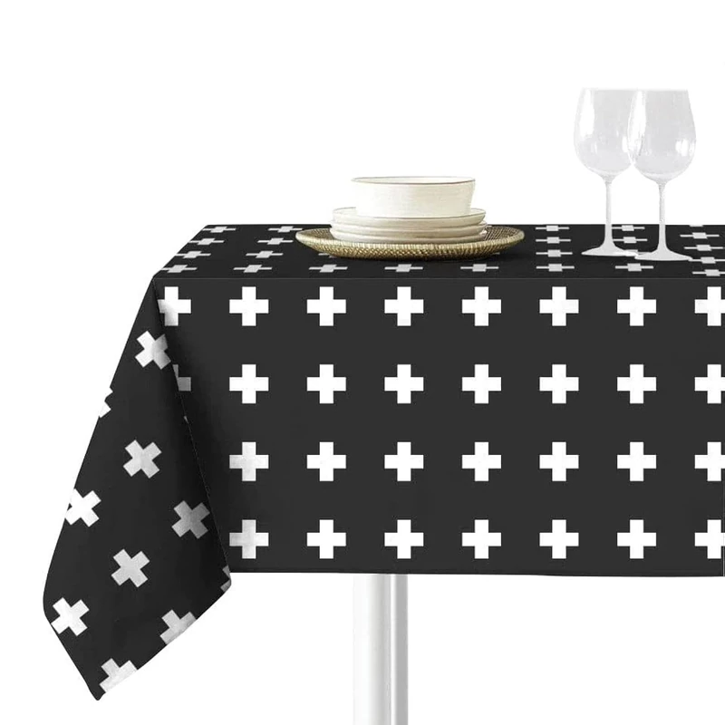 Sokios. Black Crosses Tablecloth. Made of Fine Microfiber Chenille Thread, 100% Polyester. No Wrinkle, No Fade and Shrink. Table 90 x 140 (160 x 210)