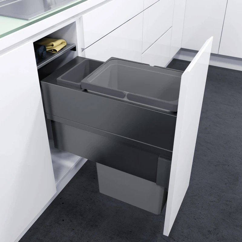 VAUTH-SAGEL Envi Space XX Pro Built-in Waste Bin with Front Connection, Bin KB 300 mm Kitchen with Damping and Self-Closing, Container with 32 Litres, Plastic/Steel Lava Grey