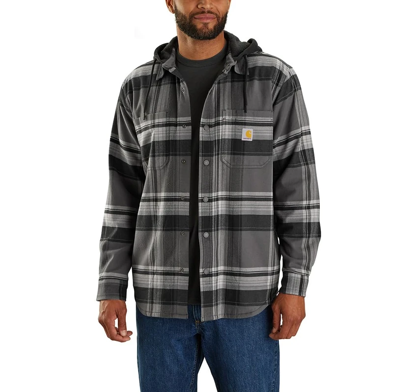 Carhartt 105938 Relaxed Fit Rugged Flex Flannel Fleece-Lined Hooded Shirt Jac BLACK XL