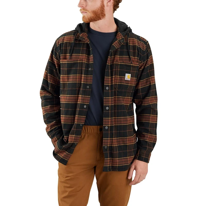 Carhartt 105938 Relaxed Fit Rugged Flex Flannel Fleece-Lined Hooded Shirt Jac BLACK S - Image 1