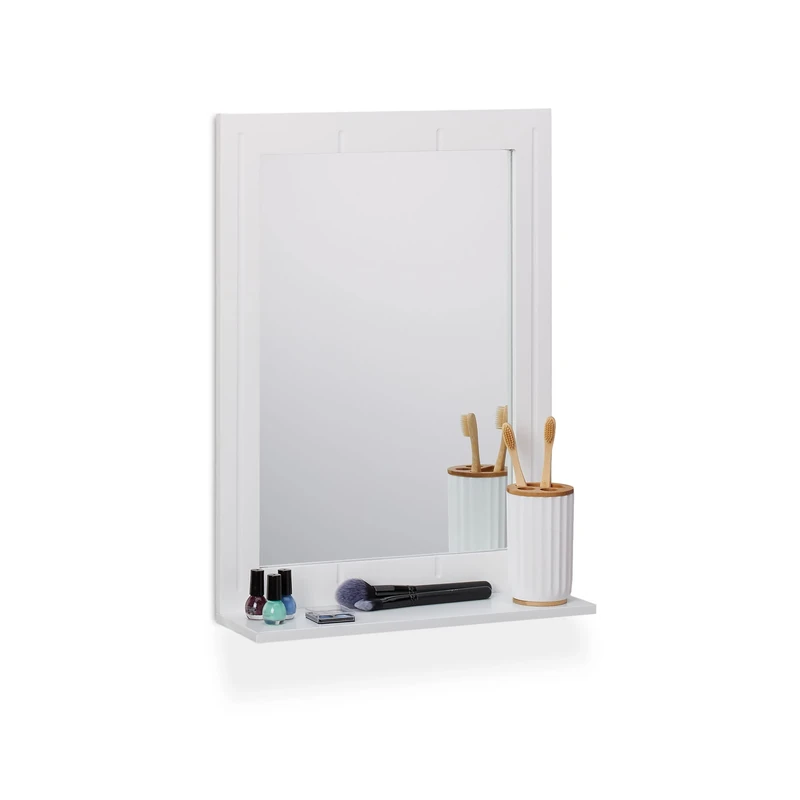 Relaxdays Bathroom Mirror with Shelf, Rectangular Frame, HxWxD 55 x 40 x 12 cm, Hallway & Toilet, Wall Mounting, White