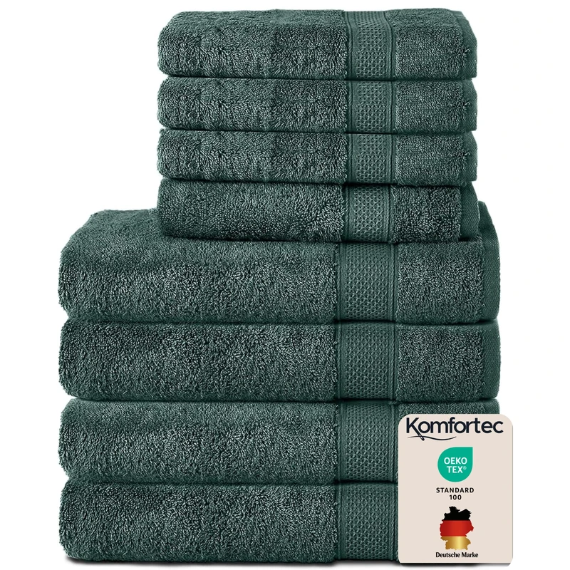 Komfortec Set of 8 Hand Towels 100% Cotton, 4 Bath Towels 70 x 140 cm and 4 Hand Towels 50 x 100 cm, Terry Cloth, Soft, Towel, Large, Dark Green
