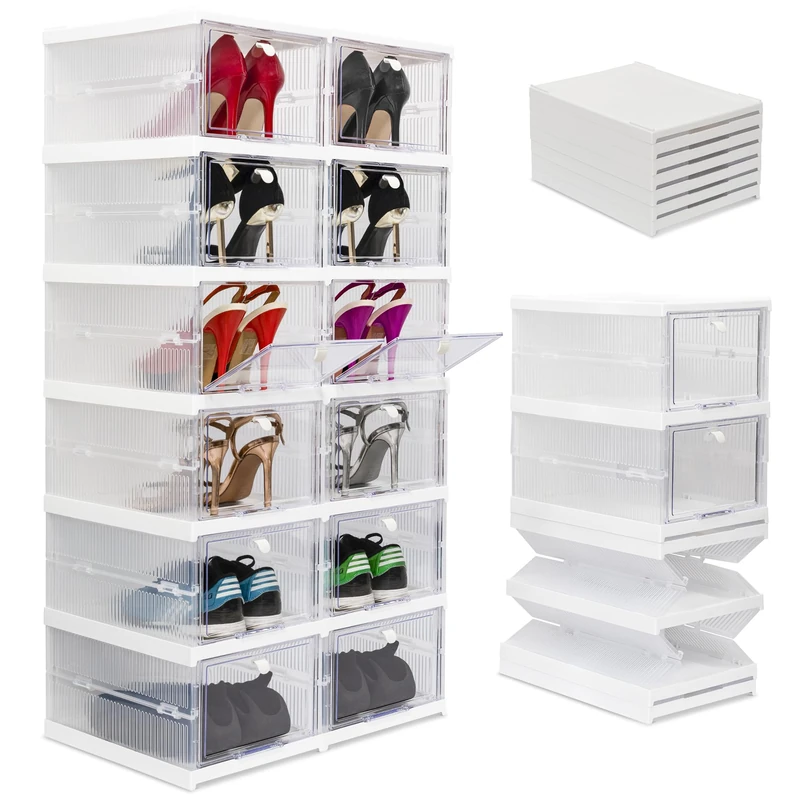 Wondersome Collapsible Shoe Rack Organizer - 12-Compartment Clear Door Storage Containers - Foldable Shoes, Boots, Sneaker Display Cabinet - Stackable Cube Shelf Organization - US-Based Brand